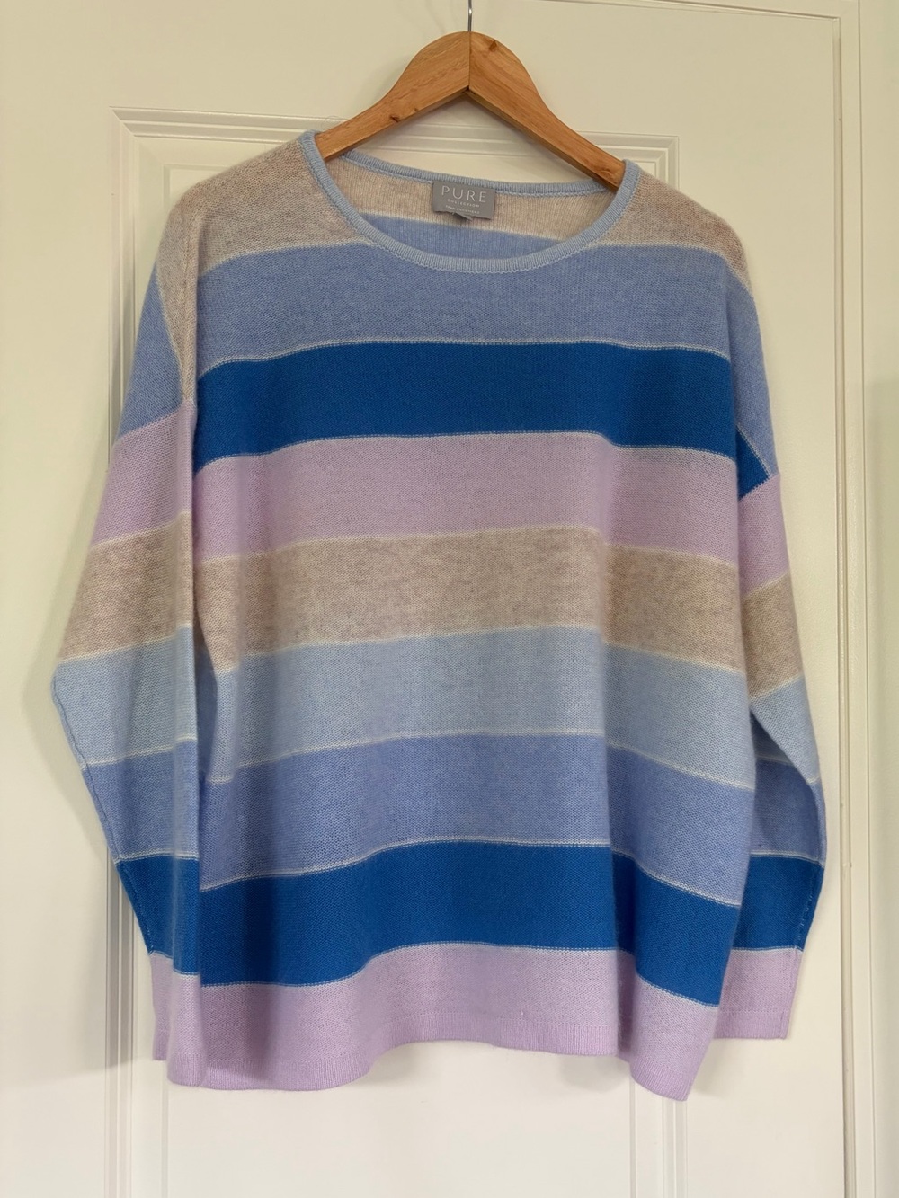 Pure Collection Striped Cashmere Crewneck Sweater in Blue, Lilac, Tan